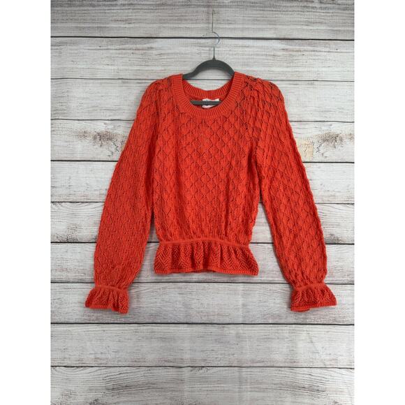 Anthropologie Flounce Hem Pointelle Sweater Womens Medium Tangerine Orange NEW - Picture 1 of 10